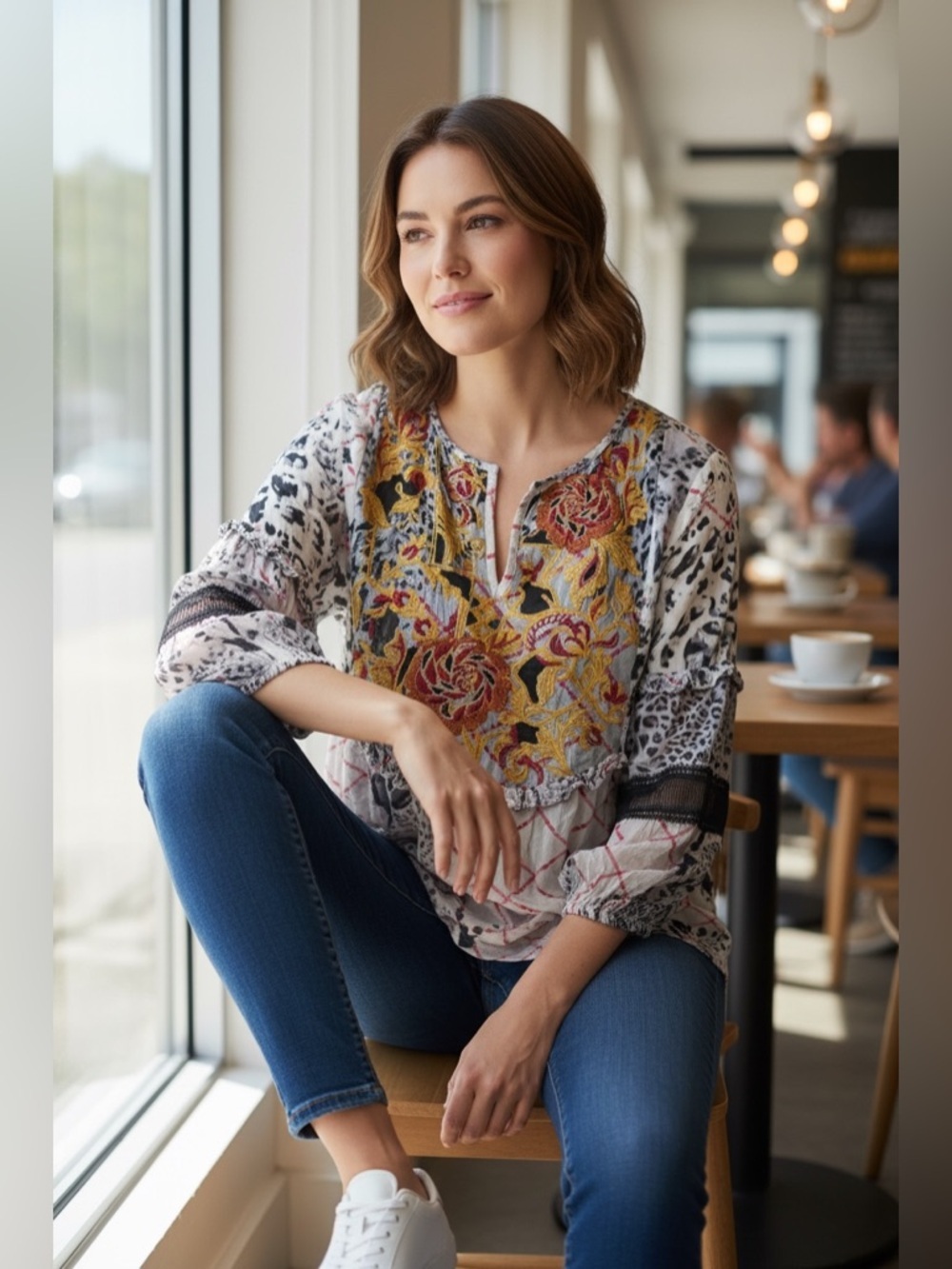 Anthropologie White Mixed-Print Embroidered Peasant Blouse - Picture 3 of 13